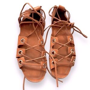 Zimmermann Leather Gladiator Flat Sandals strappy wrap riveted brown tan boho